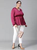 Women Plus Size Wine Long Sleeve V-Neck Elasticated Peplum Satin Top-W23134PBL004