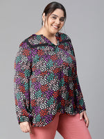 Women Plus Size Black Floral Print Long Sleeve V-Neck Top-W23135PBL001