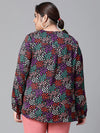 Women Plus Size Black Floral Print Long Sleeve V-Neck Top-W23135PBL001