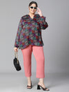 Women Plus Size Black Floral Print Long Sleeve V-Neck Top-W23135PBL001