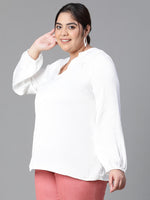 Women Plus Size  Soild White Long Sleeve V-Neck Top-W23135PBL004