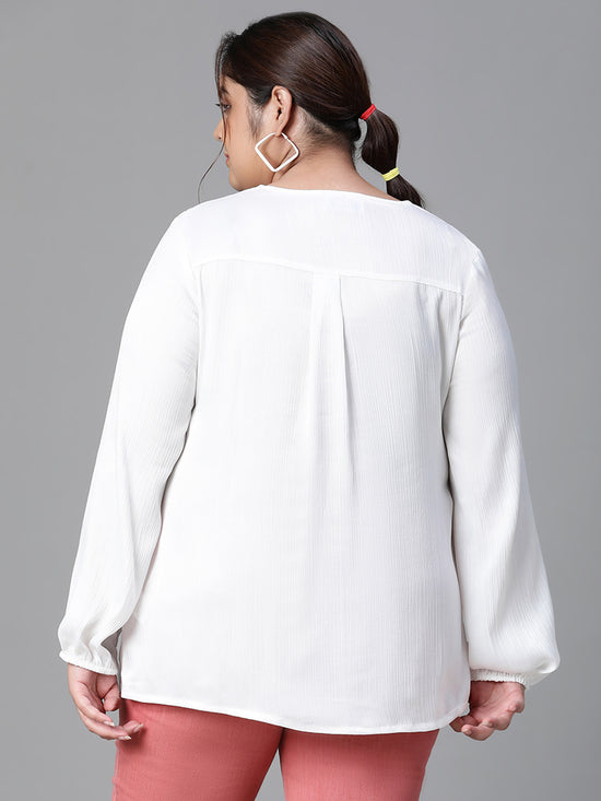 Women Plus Size  Soild White Long Sleeve V-Neck Top-W23135PBL004