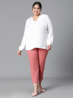 Women Plus Size  Soild White Long Sleeve V-Neck Top-W23135PBL004