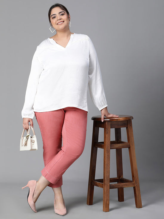 Women Plus Size  Soild White Long Sleeve V-Neck Top-W23135PBL004