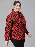 Women Plus Size  Red Animal Print V-Neck With Tie-Knot Long Sleeve Top-W23136PBL002