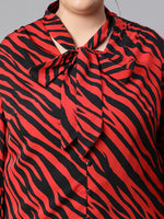 Women Plus Size  Red Animal Print V-Neck With Tie-Knot Long Sleeve Top-W23136PBL002