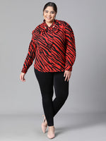 Women Plus Size  Red Animal Print V-Neck With Tie-Knot Long Sleeve Top-W23136PBL002