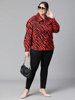 Women Plus Size  Red Animal Print V-Neck With Tie-Knot Long Sleeve Top-W23136PBL002