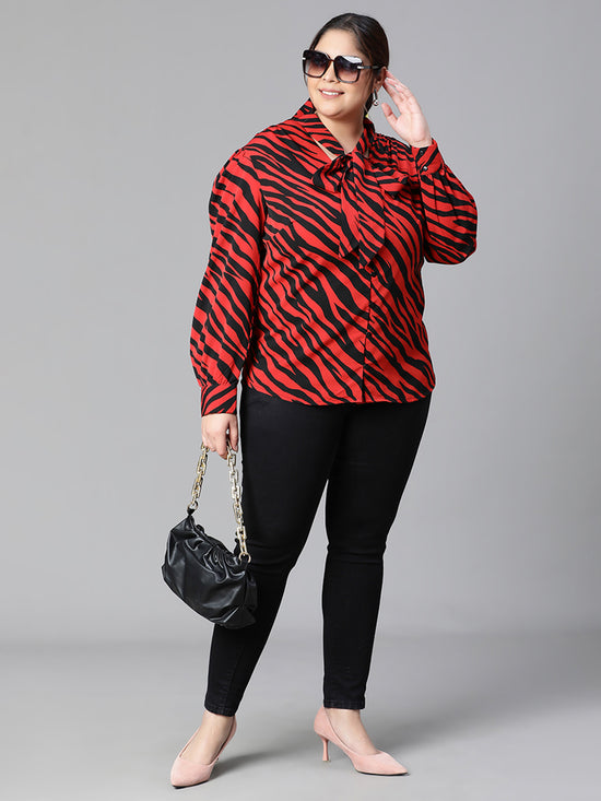 Women Plus Size  Red Animal Print V-Neck With Tie-Knot Long Sleeve Top-W23136PBL002