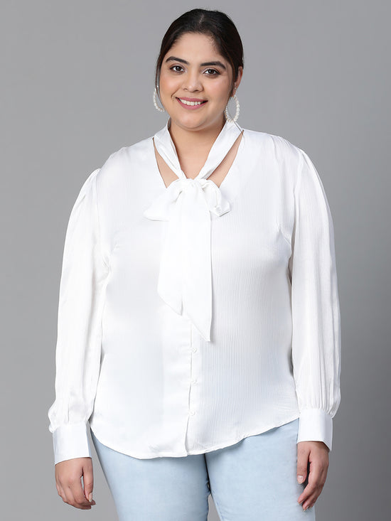 Women Plus Size White V-Neck With Tie-Knot Long Sleeve Top-W23136PBL004