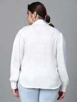 Women Plus Size White V-Neck With Tie-Knot Long Sleeve Top-W23136PBL004