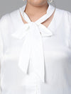 Women Plus Size White V-Neck With Tie-Knot Long Sleeve Top-W23136PBL004