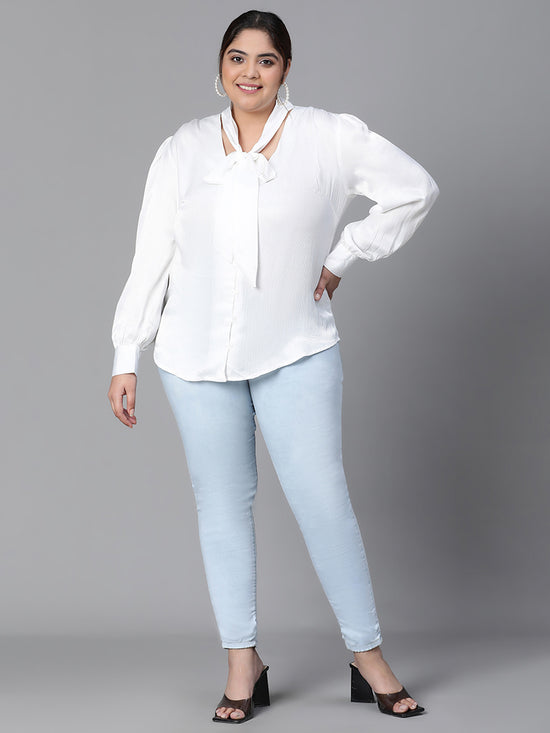 Women Plus Size White V-Neck With Tie-Knot Long Sleeve Top-W23136PBL004