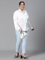 Women Plus Size White V-Neck With Tie-Knot Long Sleeve Top-W23136PBL004