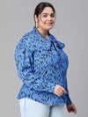 Women Plus Size Blue Animal Print V-Neck With Tie-Knot Long Sleeve Top-W23136PBL005