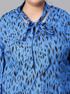 Women Plus Size Blue Animal Print V-Neck With Tie-Knot Long Sleeve Top-W23136PBL005