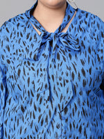 Women Plus Size Blue Animal Print V-Neck With Tie-Knot Long Sleeve Top-W23136PBL005