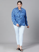 Women Plus Size Blue Animal Print V-Neck With Tie-Knot Long Sleeve Top-W23136PBL005