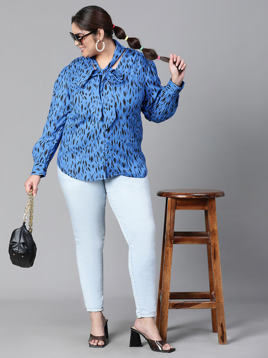 Women Plus Size Blue Animal Print V-Neck With Tie-Knot Long Sleeve Top-W23136PBL005