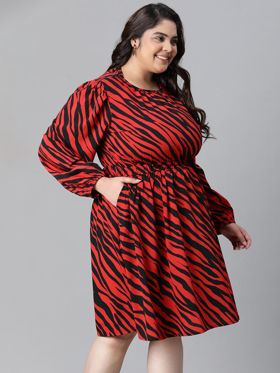 Women Plus Size Zebra Print Multicolor Elsaticated Tie-Knotted Knee-Length Dress-W23137PDR002