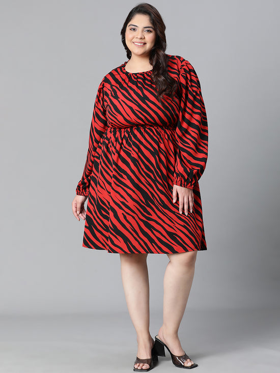 Women Plus Size Zebra Print Multicolor Elsaticated Tie-Knotted Knee-Length Dress-W23137PDR002