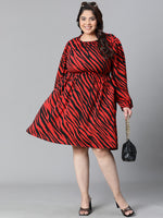 Women Plus Size Zebra Print Multicolor Elsaticated Tie-Knotted Knee-Length Dress-W23137PDR002