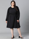 Women Plus Size Black Elsaticated Tie-Knotted Round Neck Knee-Length Dress-W23137PDR004