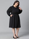 Women Plus Size Black Elsaticated Tie-Knotted Round Neck Knee-Length Dress-W23137PDR004