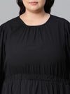 Women Plus Size Black Elsaticated Tie-Knotted Round Neck Knee-Length Dress-W23137PDR004