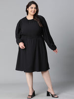 Women Plus Size Black Elsaticated Tie-Knotted Round Neck Knee-Length Dress-W23137PDR004