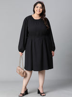 Women Plus Size Black Elsaticated Tie-Knotted Round Neck Knee-Length Dress-W23137PDR004