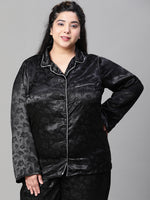 Women Plus Size Black Satin Jaquard Button Detailed Long Sleeveopen Collar Relaxed Nightwear  Shirt-W23140PNW011