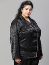 Women Plus Size Black Satin Jaquard Button Detailed Long Sleeveopen Collar Relaxed Nightwear  Shirt-W23140PNW011