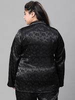 Women Plus Size Black Satin Jaquard Button Detailed Long Sleeveopen Collar Relaxed Nightwear  Shirt-W23140PNW011