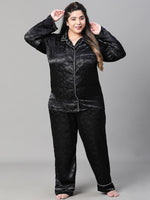 Women Plus Size Black Satin Jaquard Button Detailed Long Sleeveopen Collar Relaxed Nightwear  Shirt-W23140PNW011