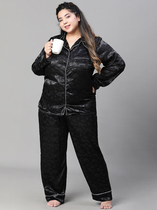 Women Plus Size Black Satin Jaquard Button Detailed Long Sleeveopen Collar Relaxed Nightwear  Shirt-W23140PNW011