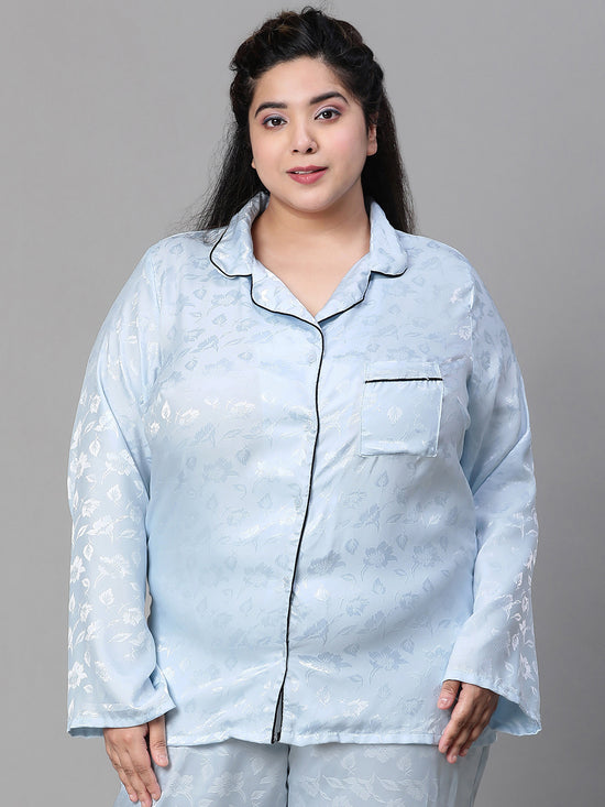 Women Plus Size Blue Satin Jaquard Button Detailed Long Sleeveopen Collar Relaxed Nightwear  Shirt-W23140PNW012