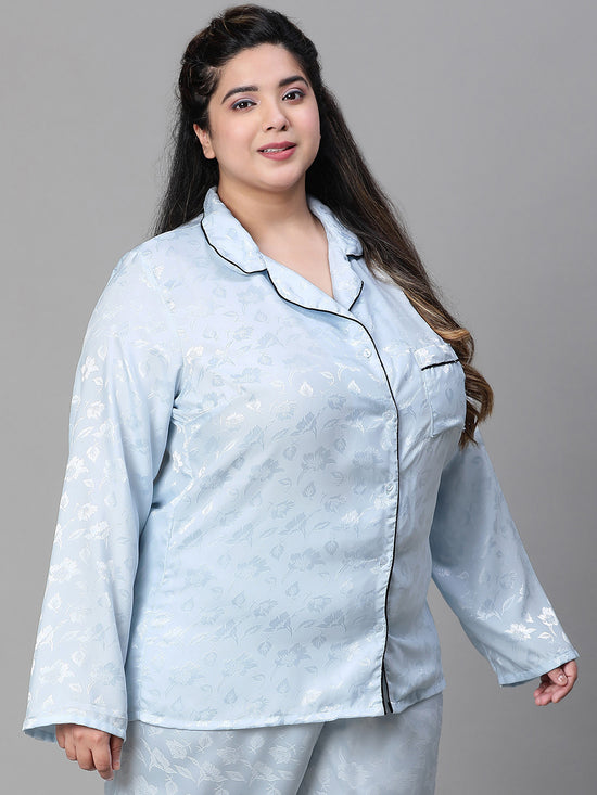 Women Plus Size Blue Satin Jaquard Button Detailed Long Sleeveopen Collar Relaxed Nightwear  Shirt-W23140PNW012