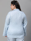 Women Plus Size Blue Satin Jaquard Button Detailed Long Sleeveopen Collar Relaxed Nightwear  Shirt-W23140PNW012