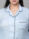 Women Plus Size Blue Satin Jaquard Button Detailed Long Sleeveopen Collar Relaxed Nightwear  Shirt-W23140PNW012