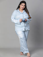 Women Plus Size Blue Satin Jaquard Button Detailed Long Sleeveopen Collar Relaxed Nightwear  Shirt-W23140PNW012