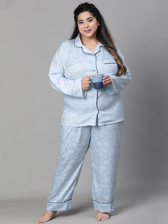 Women Plus Size Blue Satin Jaquard Button Detailed Long Sleeveopen Collar Relaxed Nightwear  Shirt-W23140PNW012