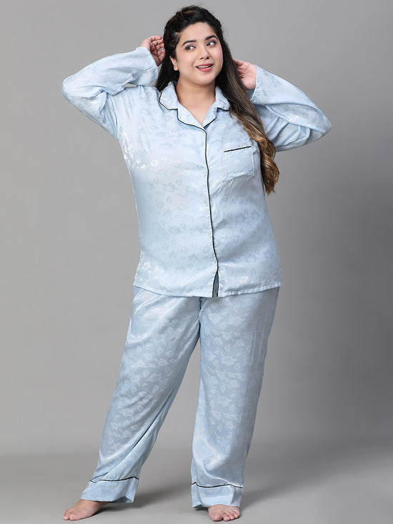 Women Plus Size Blue Satin Jaquard Elasticated Relaxed Pajama-W23141PNW012