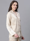 Women Beige Texture Print Button Detailed Long Sleeveopen Collar Relaxed Nightwear  Shirt-W23146WNWR02