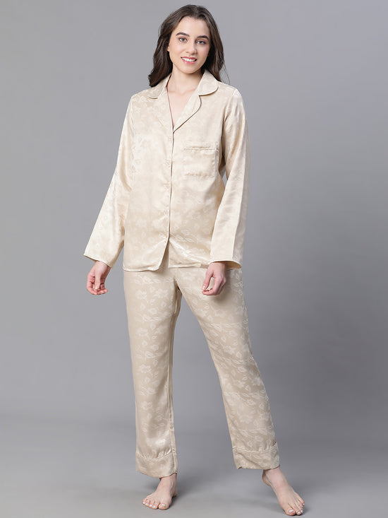 Women Beige Texture Print Button Detailed Long Sleeveopen Collar Relaxed Nightwear  Shirt-W23146WNWR02