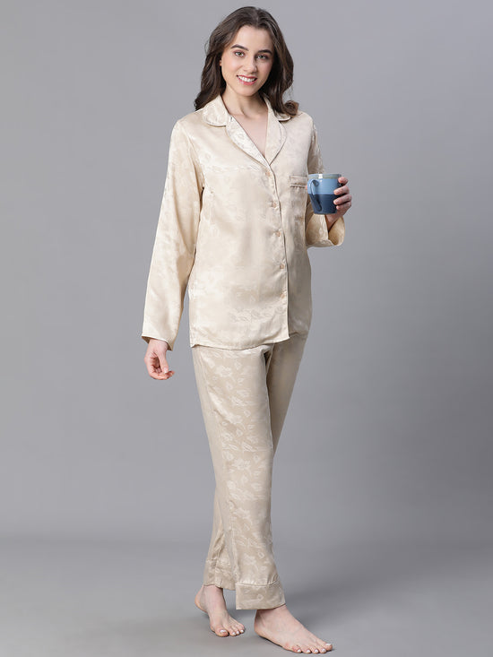 Women Beige Texture Print Button Detailed Long Sleeveopen Collar Relaxed Nightwear  Shirt-W23146WNWR02