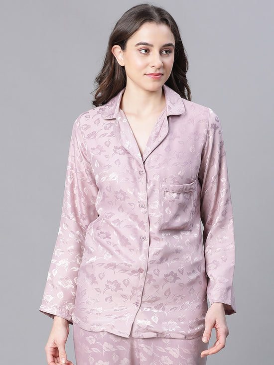 Women Lilac Texture Print Button Detailed Long Sleeveopen Collar Relaxed Nightwear  Shirt-W23146WNWR03