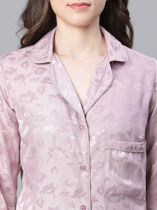 Women Lilac Texture Print Button Detailed Long Sleeveopen Collar Relaxed Nightwear  Shirt-W23146WNWR03