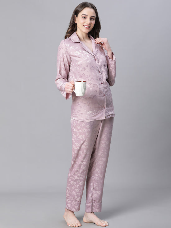 Women Lilac Texture Print Button Detailed Long Sleeveopen Collar Relaxed Nightwear  Shirt-W23146WNWR03