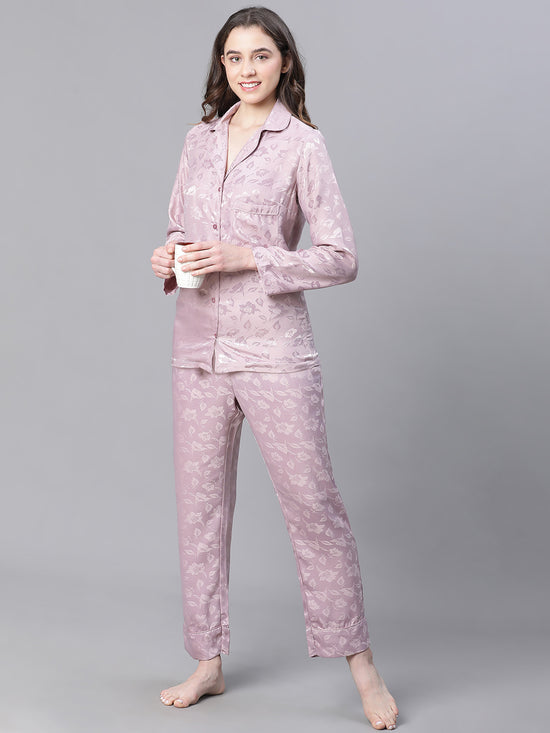 Women Lilac Texture Print Button Detailed Long Sleeveopen Collar Relaxed Nightwear  Shirt-W23146WNWR03